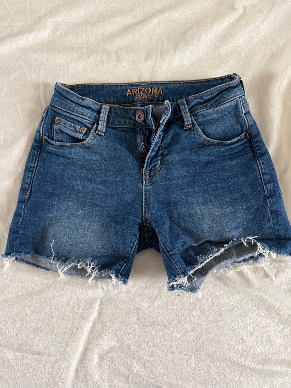 Arizona Jean Company Mid-Rise Blue Frayed Hem Denim Shorts